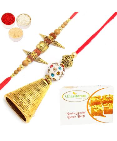 Ghasitaram Gifts Rakhis Online - Rakhi for Brother- Bells of Faith jbl5701 Bhaiya Bhabhi Rakhi with 200 GMS of Besan Barfi Rakhi Set with 200 gms of Besan Barfi