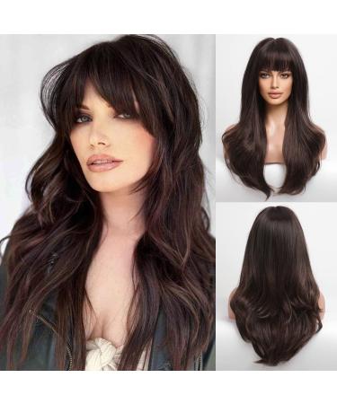 HAIRCUBE Wigs for Women Brown with Highlight Wig with Bangs Layered Wigs with Fringe Natural Synthetic Wigs beown with highlight