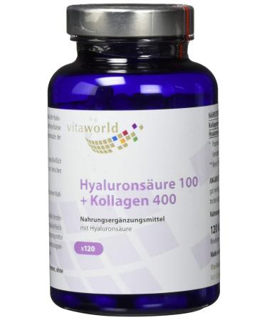 Vitaworld hyaluronic acid 100 + collagen 400 vegetable hyaluronic acid bioactive collagen peptides 200 mg hyaluronic acid and 800 mg collagen per daily consumption 120 capsules