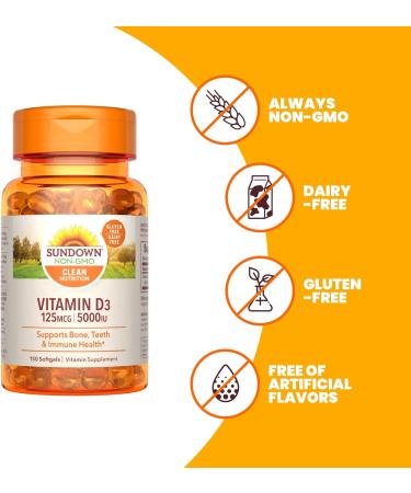Sundown Vitamin D3 5000 IU Softgels - 150 Count - Bone, Teeth, and Immune Health Support - Buy Online on GoSupps.com
