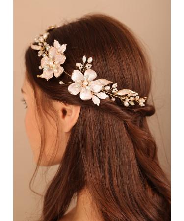BERYUAN Wedding Gold Flower Crystal Pearls Hair Vine Opal Rhinestone Pearls Wedding Headpiece Gold Wedding Hair Accessories for Bridal Women and Girls