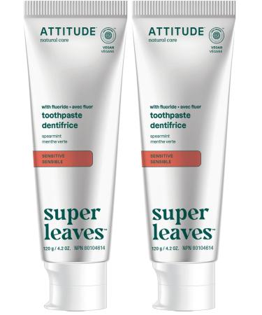 ATTITUDE Toothpaste with Fluoride, Prevents Tooth Decay and Cavities, Vegan, Cruelty-Free and Sugar-Free, Sensitive, Spearmint, 4.2 Oz (Pack of 2) Sensitive 4.2 Ounce (Pack of 2)