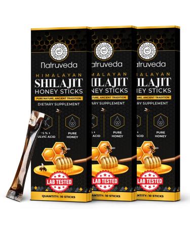 Natruveda Himalayan Shilajit Honey Sticks for Men & Women - 75%+ Fulvic Acid & Trace Minerals - Raw Honey Saffron & Himalayan Shilajit Resin - Stamina Performance & Energy Support - (Pack of 30)