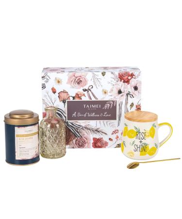 Taimei Tea Gift Set for Women - Mother's Day Gift Box with 100% Natural Rose Jasmine Herbal Tea from Germany - Decaf Loose Leaf Tea, Mug, Vase, Gold Teaspoon, Care Package - 120g, 50 Cups - Best Mom Ever Card - Buy Online on GoSupps.com