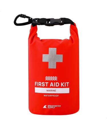 Breakwater Supply Waterproof First Aid Kit Dry Bag Bug Out Bag, Emergency Survival Supplies for Boating, Camping, Kayaking + Heavy-Duty Carabiner, Floating, Reflective, Lightweight First Aid Marine Kit (Red)