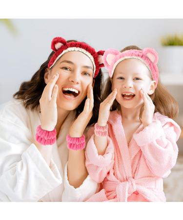 AMCAMI 6 Pcs Spa Headband and Wristband Set | Cute Bear Ears Design | Makeup and Skincare Headbands for Women | Pink Red - Buy Online on GoSupps.com