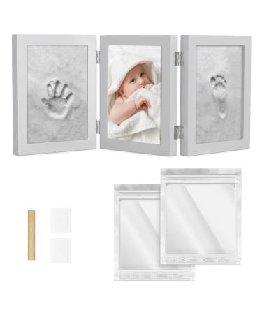 Navaris Baby Handprint and Footprint Kit - Set with Frame and Clay for Casting Babies Hand and Foot Prints - for Newborn Boys and Girls - Grey Bamboo