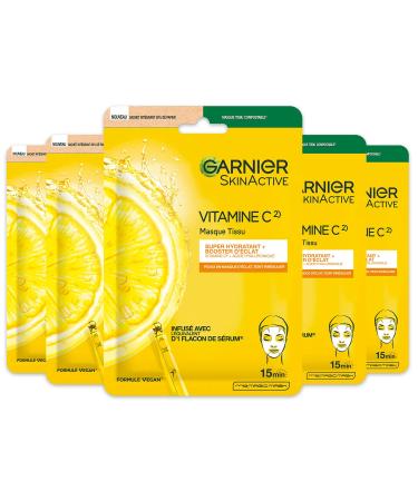Garnier Garnier - Set of 5 Moisturizing Tissue Masks - Radiance Booster - Enriched with Vitamin C and Hyaluronic Acid - Vegan Formula - For Dull and Tired Skin - 5 x 28g