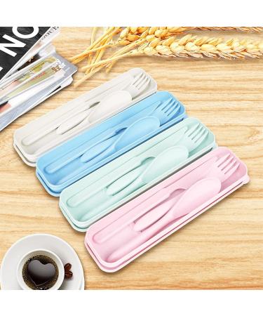 Reusable Travel Utensils Set with Case - Eco-Friendly Wheat Straw Cutlery for Kids & Adults - Portable Knife Fork Spoons Tableware for Travel, Picnic, Camping - BPA Free - 4 Sets (Green, Beige, Pink, Blue) - Buy Online on GoSupps.com
