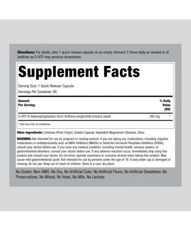 Piping Rock 5HTP 200mg Capsules - 90 Count | Non-GMO Gluten Free Hydroxytryptophan Supplement for Mood & Sleep Support - Buy Online on GoSupps.com