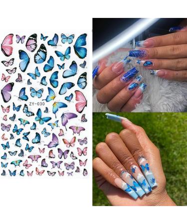 YOSOMK Butterfly Nail Art Stickers Decals - Spring Blue Pink Purple 3D Self-Adhesive Nail Decals for Women and Girls - Acrylic Nails DIY Design - 6 Sheets - Buy Online on GoSupps.com
