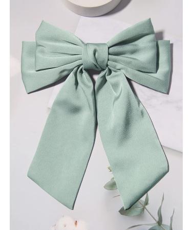Mint Green Satin Bow Hair Clip for Women and Girls - Retro Style Metal Barrette with Long Tail - Large Furling Pompom Hair Accessory - Buy Online on GoSupps.com