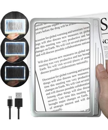 Rechargeable 3X Large Ultra Bright LED Page Magnifier with 12 Anti-Glare Dimmable LEDs(Evenly Lit Viewing Area & Relieve Eye Strain)-Ideal for Reading Small Prints & Low Vision Seniors Silver
