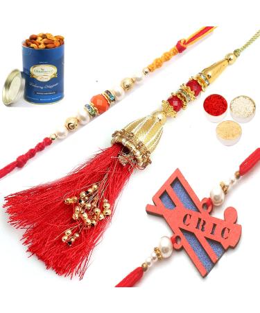 Ghasitaram Gifts Rakhi for Brother Rakhis Online - Set of 3 Ibiza Bhaiya Bhabhi Rakhi and Cricketer Kids Rakhi with 100 GMS of Dryfruits Mix Can