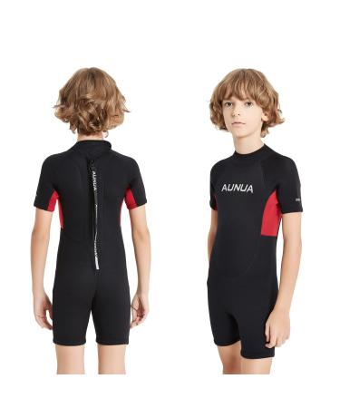 Aunua Children's 3mm Youth Swimming Suit Shorty Wetsuits Neoprene for Kids Keep Warm Black Red 16