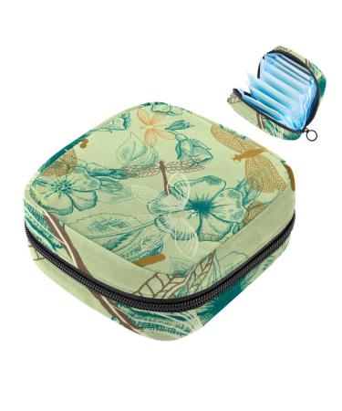MUOOUM Menstrual Pad Bag Zipper Sanitary Napkin Bag Tampons Collect Bags for Women Girls (Vintage Flowers Dragonflies) Multi-colored 2