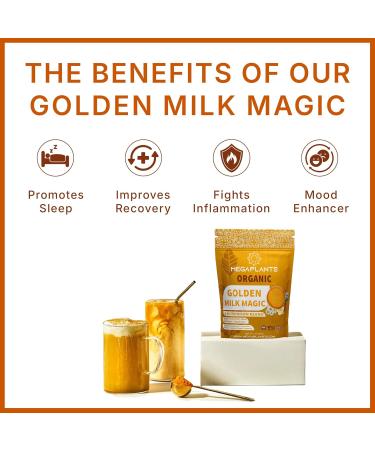 MEGAPLANTS Golden Milk Magic (30 Servings) | Superfood 5 Mushroom Blend for Sleep Relaxation Relief | Turmeric Ashwaghanda Valerian Chamomile + 5 Mushroom Blend | Smoothie Hot Beverage 5g Scoop - Buy Online on GoSupps.com