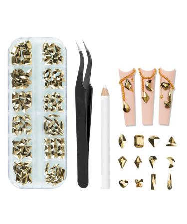 Nail Art Rhinestones MAEXUS Nail Gems Flat Back with Tweezers and Drill Pen for Nail Art Craft Face Make-up Home DIY And Professional Use Golden