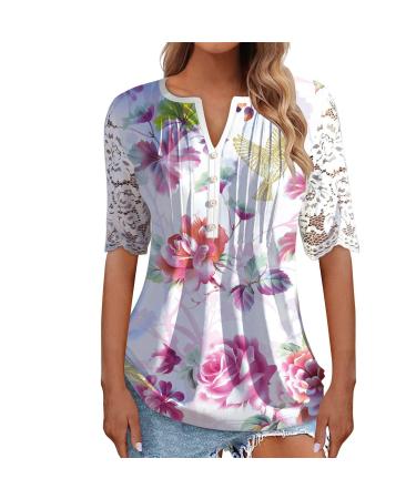 Women's Comfortable Lace Middle Long Sleeve Button Up V-Neck Hide Belly Tops Loose Bohemian Tunic Sexy Shirt Women's T-Shirt With Print Sports Shirt Women's Wide XXL Hot Pink