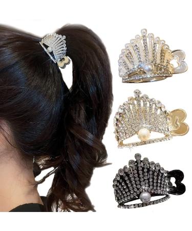 3PCS Ponytail Hair Claw Clips for Women Girls  Crown Rhinestone Shark Hair Clips for Thick Long Hair 1.85Inch Medium Size Non-slip