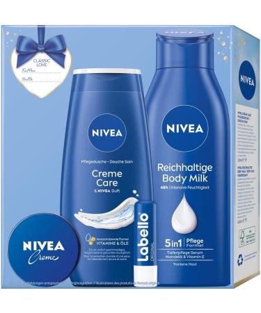 NIVEA Classic Love Gift Set Care Set with Moisturising Care Products Gift Box with Shower Nourisher Labello Body Milk and NIVEA Cream - Buy Online on GoSupps.com