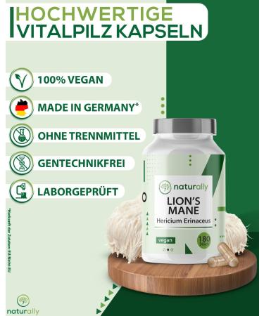 Naturally Lion's Mane Capsules - 180 Vegan Capsules | 1950mg 30:1 Extract | Premium Hericium Erinaceus | Made in Germany | Boost Your Focus & Clarity - Buy Online on GoSupps.com