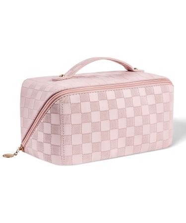 Aucuu Large Capacity Travel Cosmetic Bag for Women Girls PU Leather Waterproof Layered Storage Makeup Bag with Handle Portable Travel Organizer (Checkered Pink) #15 Pink-15