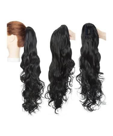Ponytail Extensions Long Wavy Ponytail Extension 24 Inch Claw Clip Pony Tail Hairpiece Claw Clip in Synthetic Long Wave Ponytail Hair Extainson for Women Girls for Women (Color : Dark black Size : 24inches Dark black