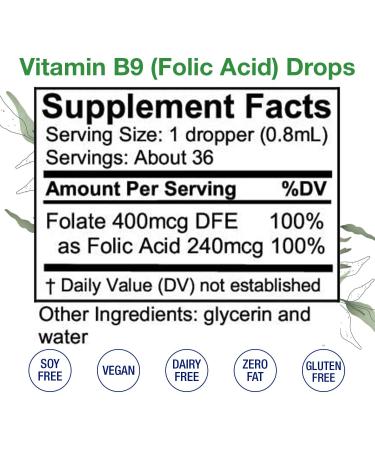 Folic Acid Drops - Liquid Vitamin B9 Supplement for Blood Cells, Brain Function, and Liver Support - Pregnancy Safe, Alcohol-Free, Gluten-Free - 1 Fl Oz - Buy Online on GoSupps.com