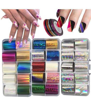 30 Roll Hologrphic Transfer Nail Foil Sticker Silver Laser Nail Decals 10 Roll Nails Strip Tape for Nails Art Design Decoration Holographic A