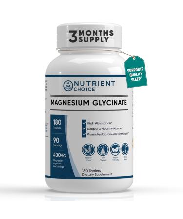 400 mg Pure Magnesium Glycinate 180 Tablets Non Buffered High Absorption Non-GMO Promotes Cardiovascular Health for Stress Relief, Sleep, Heart Health, Ease Muscles, Calm Headaches, Nerves 1 Count (Pack of 1)