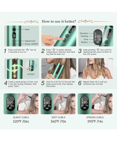 Photoncat Cordless Auto Curling Iron - 6 Temps & Timers Rechargeable Ceramic Beach Waver Wand - Fast Heating Hair Curler for Stunning Styles - Green - Buy Online on GoSupps.com