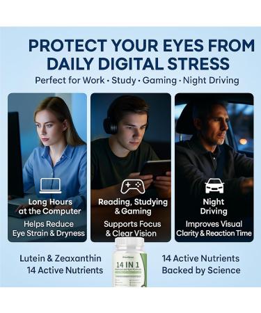 Evervision 14 in 1 Advanced Eye Formula Eye Vitamin and Mineral Supplement with Zinc Lutein Zeaxanthin & Bilberry Extract 60 Capsules (1) - Buy Online on GoSupps.com