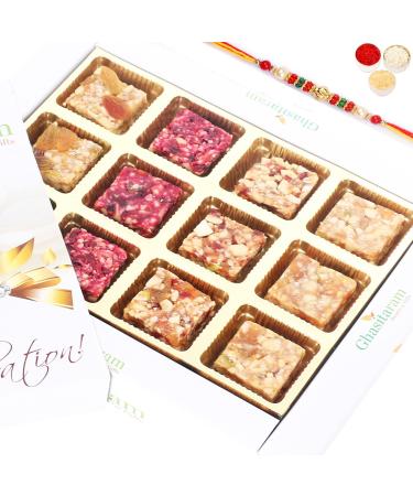 Ghasitaram Gifts Rakhi Gifts for Brothers Rakhi Gifts Natural Fruit Assorted Sugarfree Sweets White Box with Beads Rakhi