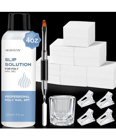 Morovan Poly Gel Slip Solution: 120ml Nail Extension Gel Liquid Anti stick Gel Solution with Brush Cup Nail Cleaner Nail Tips Clip Poly Nail Gel Liquid Solution for Beginners Easy DIY Poly Gel Nail