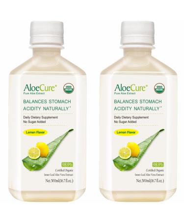 AloeCure USDA Organic Certified Pure Aloe Vera Juice Lemon Flavor, 2x500ml Bottles, Inner Leaf, Acid Buffer, Processed Within 12 Hours of Harvest to Maximize Nutrients, No Charcoal Filtering