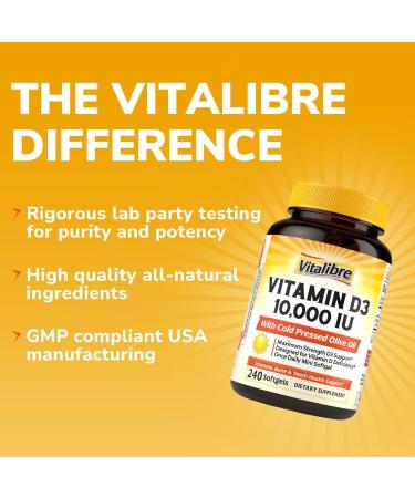 Maximum Strength Vitamin D3 10 000 IU (250mcg) Highly Bioavailable with Cold Pressed Olive Oil Immune Bone & Teeth Health Support No Soy Sunshine Vitamin 240 Mini Softgels 240 Count (Pack of 1) - Buy Online on GoSupps.com