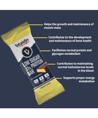 VITALDIN SPORT Low Sugar Protein Bar Banana - 12 x 45g bars Banana flavour - High protein low sugar bar - No added sugars - Buy Online on GoSupps.com