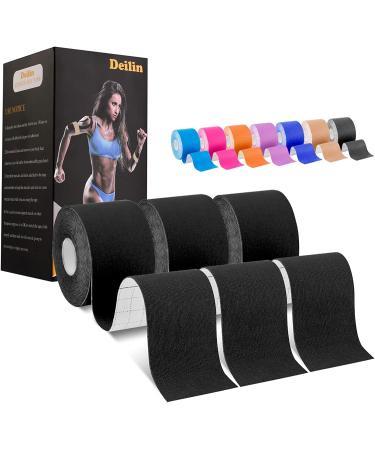Deilin Kinesiology Tape 19.7ft Uncut Per Roll Elastic Therapeutic Sports Tapes for Knee Shoulder and Elbow Waterproof Athletic Physio Muscles Strips Breathable Latex Free 3 Rolls Black