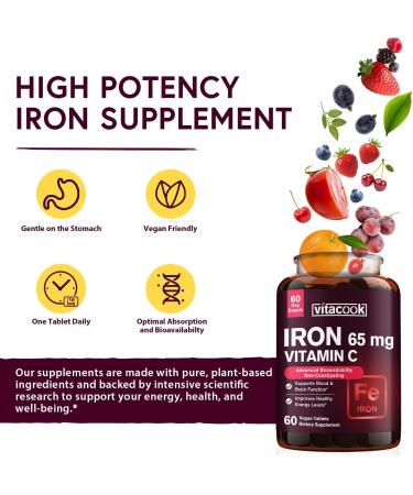 Vitacook High Potency Iron Supplement with Vitamin C - Vegan Iron for Energy, Muscle & Immune Support - 60 Count - Buy Online on GoSupps.com