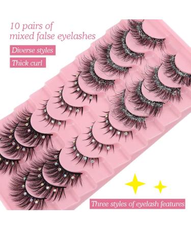 Buy Uranian Glitter Faux Mink Eyelashes - 10 Pairs Fluffy Wispy Luxury Rhinestone False Lashes for Women - Natural Look & Thick Lash Clusters - Buy Online on GoSupps.com