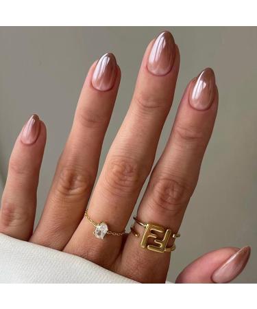 Brown Press on Nails Short Fake Nails Almond Shape False Nails Gradient Brown Acrylic Nails Glossy Glue on Nails Full Cover Artificial Nails Fall Winter Stick on Nails Short Press on Nails for Women almond 15