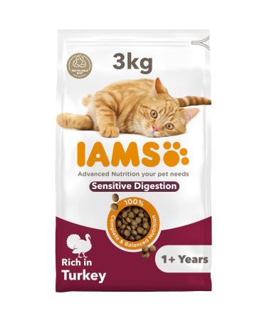 IAMS Sensitive Digestion Complete Dry Cat Food Turkey 3kg - With Prebiotics Turkey 3 kg (Pack of 1)