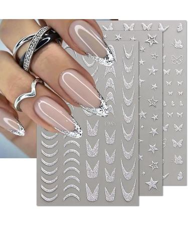 3D glitter silver French nail sticker 8 leaves butterfly nail ticker self -adhesive star nail sticker heart nail stickers French nails waves lines nail art stickers nail foil nail design glitter silver
