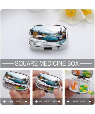 Pill Box Winter Mountains - 2 Compartment Decorative Metal Organizer for Travel | Portable Snow Scene Medicine Case - Buy Online on GoSupps.com