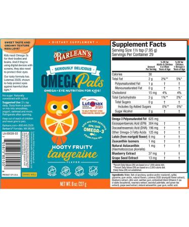 Barlean's Omega Pals Hooty Fruity Tangerine 8oz - Delicious Kids Omega Supplement - Buy Online on GoSupps.com