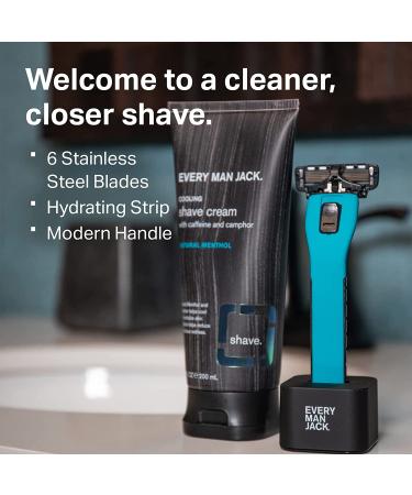 Every Man Jack Blue Razor Set for Men - Closest Shave for All Skin Types, 6 Stainless Steel Blades, & Display Stand - Buy Online on GoSupps.com
