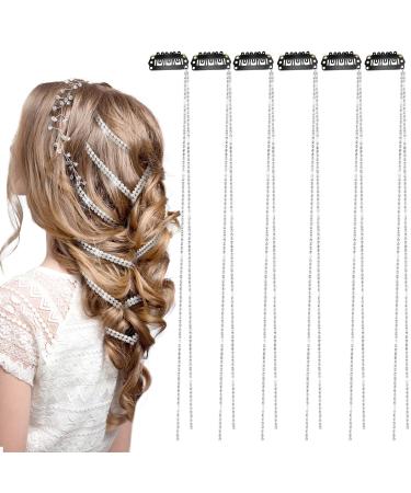 Jutieuo 6 Pieces Rhinestone Hair Chains  18 Inch Bling Crystal Hair Extension  Punk Tassel Hair Clips with Storage Box  Silver Long Rhinestone Decorative for Women Girls Party Accessories