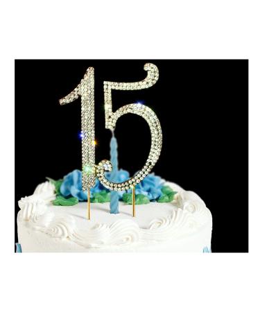 15 Cake Topper | Premium Bling Rhinestone Diamond Gems | 50th Birthday or Anniversary Party Decoration Ideas | Quality Metal Alloy | Perfect Keepsake Fifteen Gold