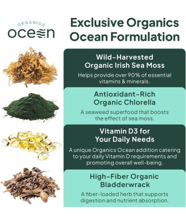 Organics Ocean Wild Sea Moss Capsules - 100% Organic Irish Sea Moss with Organic Chlorella Bladderwrack and Vitamin D for Energy Lung Health and Thyroid Support for Women and Men - 60 Capsules 60 Count (Pack of 1) - Buy Online on GoSupps.com
